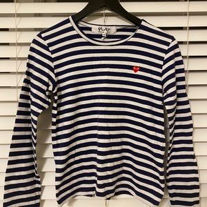 CDG Play Navy Striped Heart Logo T-Shirt
